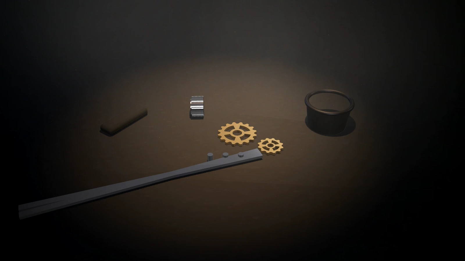 A watchmaker's bench at night: tweezers, a loupe and a few loose parts under a single light. Illustrative render, not actual stock.