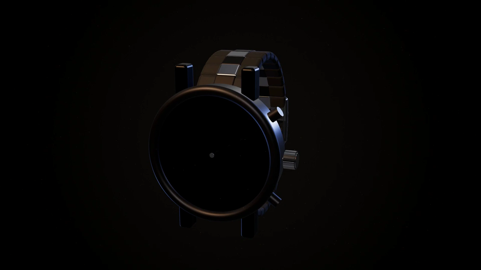 An unbranded black steel chronograph with a blank dial, turning slowly in the dark. Illustrative render, not actual stock.