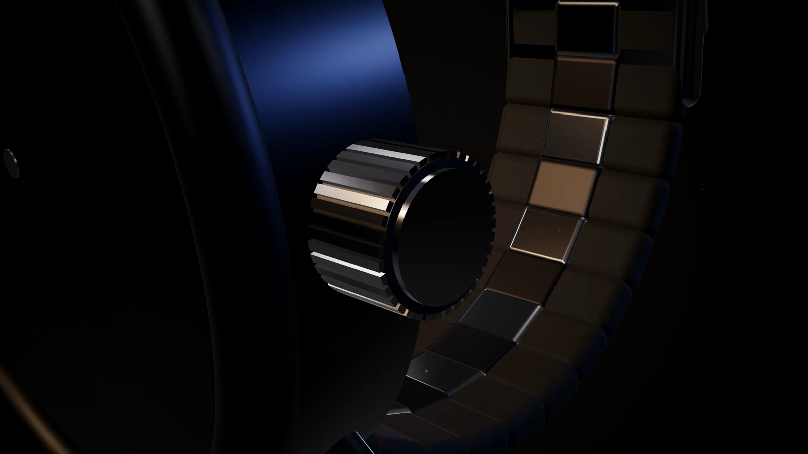 Close-up of a knurled crown, bracelet links and clasp on an unbranded watch. Illustrative render, not actual stock.